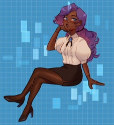 Size: 1542x1700 | Tagged: safe, artist:cinnavee, imported from derpibooru, rarity, human, abstract background, clothes, dark skin, ear piercing, female, fishnets, gloves, high heels, horn, horned humanization, humanized, jewelry, piercing, ring, shoes, sitting, skirt, solo