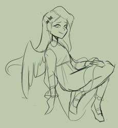 Size: 1080x1174 | Tagged: safe, artist:cinnavee, imported from derpibooru, fluttershy, human, clothes, dress, female, green background, humanized, lineart, monochrome, shoes, simple background, sitting, smiling, solo, winged humanization, wings