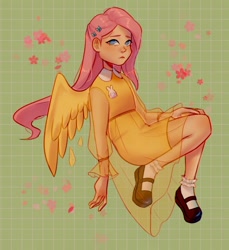 Size: 1440x1574 | Tagged: safe, artist:cinnavee, imported from derpibooru, fluttershy, human, abstract background, blushing, clothes, colored, cute, dress, female, humanized, shoes, shyabetes, sitting, solo, winged humanization, wings