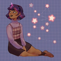 Size: 1645x1622 | Tagged: safe, artist:cinnavee, imported from derpibooru, twilight sparkle, human, abstract background, clothes, constellation, dark skin, ear piercing, female, hairband, horn, horned humanization, humanized, lipstick, moderate dark skin, piercing, shoes, sitting, skirt, smiling, solo