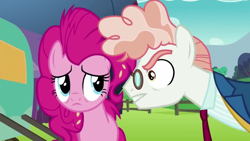 Size: 1280x720 | Tagged: safe, imported from derpibooru, screencap, pinkie pie, svengallop, earth pony, pony, the mane attraction, angry, clothes, eyelashes, female, frown, glare, glasses, gritted teeth, male, mare, necktie, outdoors, stallion