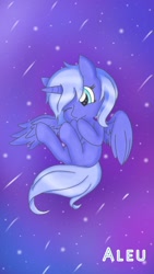 Size: 675x1200 | Tagged: safe, artist:aleuoliver, artist:aleurajan, imported from derpibooru, princess luna, alicorn, pony, female, flying, horn, mare, night, one eye closed, s1 luna, solo, stars, wings, wink