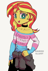 Size: 600x881 | Tagged: safe, artist:grissaecrim, artist:raikoh, imported from derpibooru, sunset shimmer, equestria girls, bare shoulders, clothes, collar, hand on hip, jacket, lgbt, looking at you, mouthpiece, patreon, pride, pride flag, simple background, smiling, solo, sweater, text, trans rights, transgender pride flag, white background