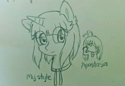 Size: 1080x744 | Tagged: safe, artist:aleuoliver, artist:aleurajan, imported from derpibooru, oc, oc only, human, pony, unicorn, bust, duo, eye clipping through hair, horn, peace sign, style emulation, traditional art, unicorn oc