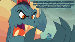 Size: 1280x720 | Tagged: safe, edit, edited screencap, imported from derpibooru, screencap, dragon lord torch, princess ember, dragon, gauntlet of fire, dialogue, dragoness, duo, father and child, father and daughter, female, male, text