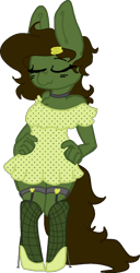 Size: 731x1428 | Tagged: safe, artist:nootaz, imported from derpibooru, oc, oc only, oc:green ganache, anthro, unguligrade anthro, anthro oc, choker, clothes, commission, dress, eyes closed, female, garter belt, garters, hairpin, high heels, mare, milf, rule 63, shoes, socks, solo, stockings, thigh garters, thigh highs, whiskers