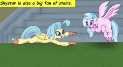 Size: 1149x625 | Tagged: safe, artist:chedx, edit, imported from derpibooru, princess skystar, silverstream, hippogriff, my little pony: the movie, cousins, cropped, cute, diastreamies, headcanon, skyabetes, stair, stairs, text, that hippogriff sure does love stairs