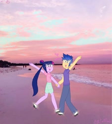 Size: 2166x2400 | Tagged: safe, artist:egtwiflash, imported from derpibooru, flash sentry, twilight sparkle, human, equestria girls, aesthetics, beach, clothes, couple, female, full body, fun, happy, holding hands, male, running, shoes, straight