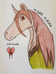 Size: 756x1008 | Tagged: safe, artist:agdapl, imported from derpibooru, pony, unicorn, bust, chara, clothes, heartbreak, horn, male, ponified, signature, smiling, solo, stallion, traditional art, undertale