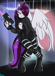 Size: 1650x2250 | Tagged: safe, artist:edgarkingmaker, imported from derpibooru, anthro, pegasus, unguligrade anthro, bodysuit, boob window, breasts, cleavage, clothes, cyberpunk, ear piercing, earring, gun, handgun, jacket, jewelry, latex, latex suit, nose piercing, nose ring, piercing, pistol, science fiction, weapon