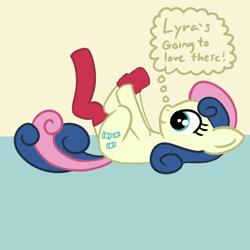 Size: 1200x1200 | Tagged: safe, artist:dafiltafish, imported from derpibooru, bon bon, sweetie drops, earth pony, pony, adorabon, clothes, cute, implied lesbian, implied lyra, implied lyrabon, implied shipping, red socks, socks, solo, thought bubble