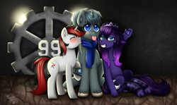 Size: 5444x3237 | Tagged: safe, artist:yumomochan, imported from derpibooru, princess luna, oc, oc:blackjack, oc:scope sight, cat, cat pony, original species, unicorn, fallout equestria, fallout equestria: project horizons, blushing, catified, commission, dark background, digital art, dirt, kissing, lights, metal gear, paws, princess mewna, silly face, smiling, species swap, tongue out, trio