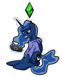 Size: 3109x3847 | Tagged: safe, artist:khaki-cap, imported from derpibooru, princess luna, alicorn, gamer luna, amused, butt, clothes, crystal, cutie mark, excited, hoodie, magic, moonbutt, playing, playstation portable, psp, simple background, the sims, transparent background, transparent mane
