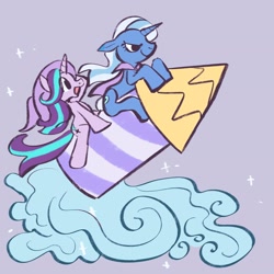 Size: 2048x2048 | Tagged: safe, artist:kindofmax, imported from derpibooru, starlight glimmer, trixie, pony, unicorn, cape, clothes, duo, female, gray background, mare, rocket, simple background, toy interpretation, trixie's rocket