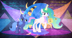 Size: 4096x2160 | Tagged: safe, artist:inaactive, artist:laszlvfx, artist:pumpkinpieforlife, edit, imported from derpibooru, princess celestia, princess luna, pony, abstract background, cookie, cookie jar, duo, food, magic, s1 luna, wallpaper, wallpaper edit