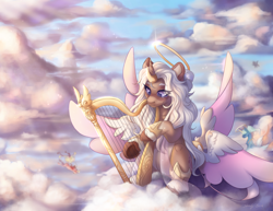 Size: 2200x1700 | Tagged: safe, artist:shady-bush, imported from derpibooru, oc, oc only, alicorn, original species, pony, seraph, seraphicorn, angel, closed species, cloud, faering, female, halo, harp, mare, multiple wings, musical instrument, wings