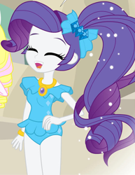 Size: 1164x1511 | Tagged: safe, artist:jucamovi1992, edit, imported from derpibooru, rarity, oc, human, comic:the love of the mermaid, equestria girls, alternate hairstyle, beach, clothes, comic, cropped, eyes closed, female, legs together, one-piece swimsuit, solo, solo female, solo focus, swimsuit