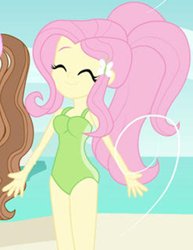 Size: 1002x1295 | Tagged: safe, artist:jucamovi1992, edit, imported from derpibooru, fluttershy, oc, human, comic:the love of the mermaid, equestria girls, alternate hairstyle, beach, clothes, comic, cropped, eyes closed, female, legs together, one-piece swimsuit, solo, solo female, solo focus, swimsuit