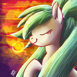 Size: 1024x1024 | Tagged: safe, artist:the-barinade, imported from derpibooru, oc, oc only, oc:bapjangles, earth pony, pony, eyes closed, pigtails, smiling, solo, sun, sunset, twintails