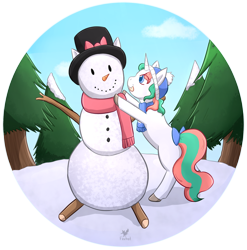 Size: 1024x1035 | Tagged: safe, artist:foxhatart, imported from derpibooru, oc, oc only, oc:mint, pony, unicorn, female, mare, snowman, solo, tree