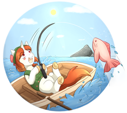 Size: 1024x918 | Tagged: safe, artist:foxhatart, imported from derpibooru, oc, oc only, oc:flare, fish, pony, unicorn, female, fishing, fishing boat, mare, solo