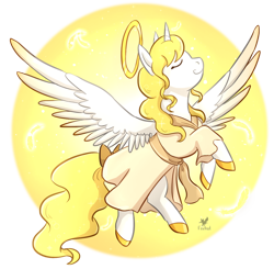 Size: 1024x1002 | Tagged: safe, artist:foxhatart, imported from derpibooru, oc, oc only, oc:golden skies, alicorn, pony, alicorn oc, angel, clothes, female, halo, holy, horn, mare, solo, two toned wings, wings, yellow