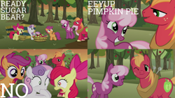 Size: 1986x1117 | Tagged: safe, edit, edited screencap, editor:quoterific, imported from derpibooru, screencap, apple bloom, big macintosh, cheerilee, scootaloo, sweetie belle, earth pony, pegasus, pony, unicorn, hearts and hooves day (episode), apple, bow, bucket, cheerimac, cutie mark crusaders, duo, female, food, gritted teeth, hooves on mouth, male, one eye closed, open mouth, shipping, straight, teeth, wink