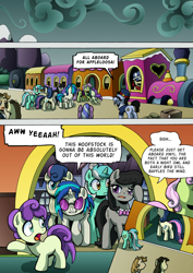 Size: 2408x3400 | Tagged: safe, artist:tarkron, imported from derpibooru, all aboard, bon bon, dj pon-3, lyra heartstrings, octavia melody, steamer, sweetie drops, vinyl scratch, earth pony, pony, unicorn, comic:fusing the fusions, comic:time of the fusions, background pony, blank flank, boxes, clock, clothes, comic, commissioner:bigonionbean, conductor, cutie mark, dialogue, female, filly, glasses, male, mare, mother and child, mother and daughter, pushing, random pony, stallion, storm, train, train station, tugging, whistle, writer:bigonionbean