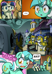 Size: 2408x3400 | Tagged: safe, artist:tarkron, imported from derpibooru, bon bon, lyra heartstrings, sweetie drops, earth pony, pony, unicorn, comic:fusing the fusions, comic:time of the fusions, armor, background pony, biting, blank flank, blushing, box, boxes, clock, clothes, comic, commissioner:bigonionbean, conductor, cutie mark, dialogue, female, filly, glasses, male, mare, maw, mother and child, mother and daughter, random pony, royal guard, royal guard armor, security guard, stallion, storm, tail, tail bite, tail pull, top secret, train, train station, whistle, writer:bigonionbean