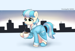 Size: 936x649 | Tagged: safe, artist:vinilyart, imported from derpibooru, coco pommel, earth pony, pony, bathrobe, city, cityscape, clothes, coffee, coffee mug, dress, early, messy mane, morning ponies, mug, robe, skyline, slippers, solo, sunrise, tired