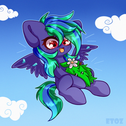 Size: 2000x2000 | Tagged: safe, artist:etoz, imported from derpibooru, oc, oc only, oc:crystalli viventem, pegasus, pony, chibi, cloud, commission, cute, diamond, female, flower, flying, happy, mare, open mouth, pegasus oc, sky, wings