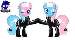 Size: 7680x4154 | Tagged: safe, artist:damlanil, imported from derpibooru, aloe, lotus blossom, earth pony, pony, catsuit, clothes, duo, duo female, eyes closed, eyeshadow, female, hoofbump, latex, latex suit, makeup, mare, one eye closed, rubber, shiny, shiny mane, show accurate, siblings, simple background, sisters, spa pony, spa twins, suit, transparent background, vector, wink
