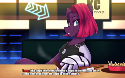 Size: 1600x1000 | Tagged: safe, artist:shadowreindeer, imported from derpibooru, tempest shadow, unicorn, alternate hairstyle, broken horn, crossover, cyberpunk, cyberpunk 2077, eye clipping through hair, horn, johnny silverhand, knife, looking at you, smiling, subtitles