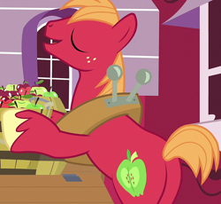 Size: 1172x1080 | Tagged: safe, imported from derpibooru, screencap, big macintosh, earth pony, pony, hard to say anything, bipedal, bipedal leaning, butt, cropped, eyes closed, leaning, male, plot, solo, stallion