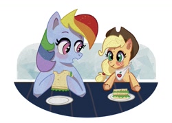 Size: 1223x877 | Tagged: safe, artist:camaleao, imported from derpibooru, applejack, rainbow dash, pony, appledash, applejack's hat, cowboy hat, cute, female, food, hat, lesbian, lunch, plushie, sandwich, shipping, simple background, toy