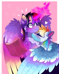 Size: 1437x1797 | Tagged: safe, artist:aaa-its-spook, imported from derpibooru, rainbow dash, twilight sparkle, alicorn, pegasus, pony, alternate hairstyle, blushing, book, chest fluff, cuddling, cute, dashabetes, eyes closed, female, flustered, glowing horn, heart, horn, hug, lesbian, levitation, magic, mare, markings, redesign, shipping, telekinesis, twiabetes, twidash, twilight sparkle (alicorn)