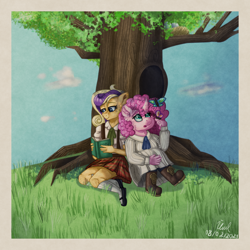 Size: 3300x3300 | Tagged: safe, artist:yonipony, imported from derpibooru, oc, oc:candy cloud, oc:crystal darlene, anthro, butterfly, earth pony, plantigrade anthro, unicorn, bird nest, book, boots, clothes, cravat, dress, freckles, magical lesbian spawn, mary janes, nest, not pinkie pie, offspring, parent:applejack, parent:fluttershy, parent:pinkie pie, parent:rarity, parents:flutterpie, parents:rarijack, reading, shoes, skirt, socks, suspenders, tree