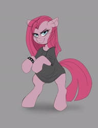 Size: 1575x2048 | Tagged: safe, artist:littlebibbo, imported from derpibooru, pinkie pie, earth pony, pony, bipedal, bracelet, clothes, female, floppy ears, gray background, grin, jewelry, looking at you, mare, oversized clothes, oversized shirt, pinkamena diane pie, shirt, simple background, smiling, solo