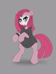 Size: 1575x2048 | Tagged: safe, alternate version, artist:littlebibbo, imported from derpibooru, pinkie pie, earth pony, pony, :p, bipedal, black metal, bracelet, clothes, corpse paint, female, floppy ears, gray background, grin, jewelry, looking at you, makeup, mare, oversized clothes, oversized shirt, pinkamena diane pie, shirt, simple background, smiling, solo, tongue out