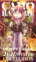 Size: 2364x4000 | Tagged: safe, artist:saxopi, imported from derpibooru, oc, oc only, oc:crispy cream, semi-anthro, unicorn, clothes, coat, pants, purse, solo, winter clothes, writing, yellow eyes