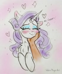 Size: 3003x3585 | Tagged: safe, artist:valeriamagicart, imported from derpibooru, capper dapperpaws, rarity, abyssinian, pony, unicorn, my little pony: the movie, blushing, capperity, chest fluff, cute, eyes closed, eyeshadow, female, floating heart, hand on cheek, heart, interspecies, makeup, male, offscreen character, raribetes, shipping, sketch, smiling, straight