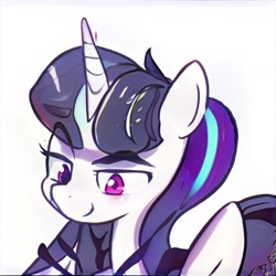 Size: 1024x1024 | Tagged: safe, artist:thisponydoesnotexist, imported from derpibooru, pony, ai content, ai generated, bust, generator:thisponydoesnotexist, horn, looking down, machine learning abomination, neural network, neural network abomination, not starlight glimmer, portrait, simple background, solo, white background