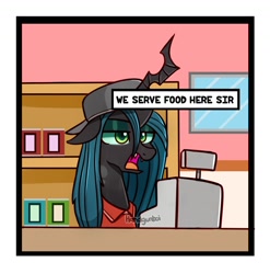 Size: 1500x1516 | Tagged: safe, artist:handgunboi, imported from derpibooru, queen chrysalis, changeling, changeling queen, can, cap, cashier, employee, female, hat, pickles, queen cashierysalis, reference, shelf, solo, spongebob squarepants, squidward tentacles, text box, window