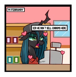 Size: 1500x1516 | Tagged: safe, artist:handgunboi, imported from derpibooru, queen chrysalis, changeling, changeling queen, can, cashier, female, heart, holiday, shelf, solo, text box, valentine's day, window