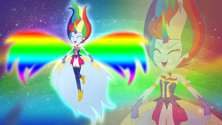 Size: 3840x2160 | Tagged: safe, artist:lumi-infinite64, artist:prismagalaxy514, edit, imported from derpibooru, rainbow dash, equestria girls, clothes, colored wings, daydream, daydream-ified, fingerless gloves, gloves, glowing wings, gradient wings, horn, multicolored wings, rainbow horn, rainbow wings, shoes, solo, strapless, wallpaper, wings