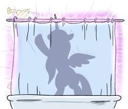 Size: 1064x910 | Tagged: safe, artist:jargon scott, imported from derpibooru, part of a set, princess cadance, alicorn, pony, bathtub, bipedal, curtain, curtains, female, mare, princess of love, shower, shower curtain, silhouette, singing, solo, standing