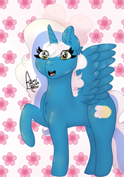 Size: 1039x1476 | Tagged: safe, artist:anidrawslover, imported from derpibooru, oc, oc:fleurbelle, alicorn, alicorn oc, bow, chest fluff, ear fluff, female, hair bow, horn, mare, wingding eyes, wings, yellow eyes
