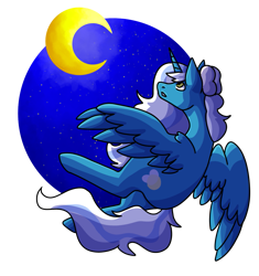 Size: 1045x1112 | Tagged: safe, artist:orangemoonarts, imported from derpibooru, oc, oc:fleurbelle, alicorn, alicorn oc, bow, female, flying, hair bow, horn, mare, moon, night, simple background, sky, transparent background, wings