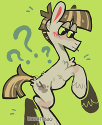 Size: 1308x1600 | Tagged: safe, artist:knightbug, imported from derpibooru, mudbriar, earth pony, pony, blushing, chest fluff, februpony, green background, leg fluff, male, question mark, simple background, solo, stallion, unshorn fetlocks