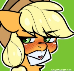 Size: 1100x1050 | Tagged: safe, artist:cottonsweets, imported from derpibooru, applejack, earth pony, pony, blushing, commission, commissioner:raritybro, cute, embarrassed, envelope, floppy ears, jackabetes, looking away, love letter, mouth hold, scrunchy face, solo, tsundere, tsunjack, ych result